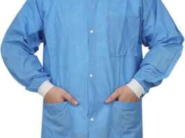 Dental Disposable Lab Coats Durable SMS 45g Soft Knit Cuffs & Collar With 3 Pockets by VASTMED | Knee Length Medical Lab Coat for Hospitals Labs Clinics