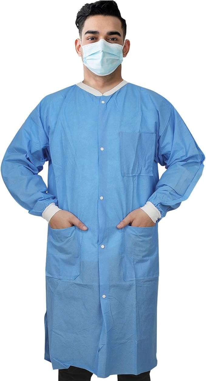 Dental Disposable Lab Coats Durable SMS 45g Soft Knit Cuffs & Collar With 3 Pockets by VASTMED | Knee Length Medical Lab Coat for Hospitals Labs Clinics