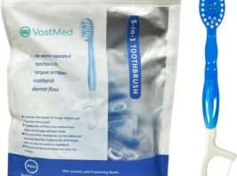 VASTMED Mini Disposable Toothbrushes with Freshing Beads + Floss + Pick + Tongue Scraper Travel Size Individually Wrapped Soft | Extra Mint | Travel Set