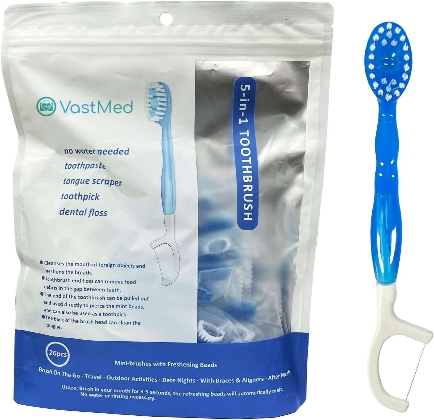 VASTMED Mini Disposable Toothbrushes with Freshing Beads + Floss + Pick + Tongue Scraper Travel Size Individually Wrapped Soft | Extra Mint | Travel Set