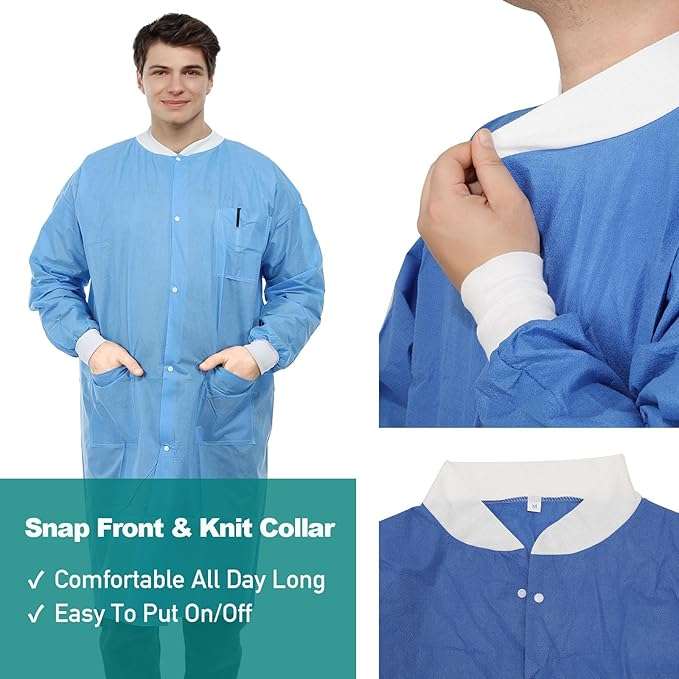 Dental Disposable Lab Coats Durable SMS 45g Soft Knit Cuffs & Collar With 3 Pockets by VASTMED | Knee Length Medical Lab Coat for Hospitals Labs Clinics - Image 6