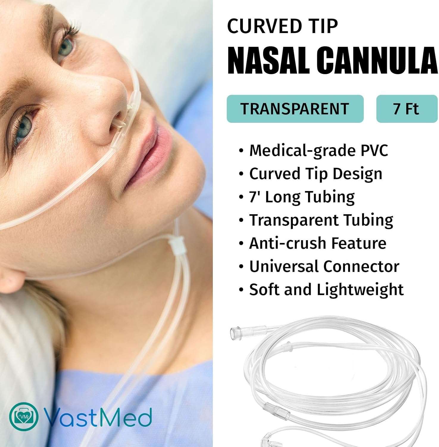 Disposable Nasal Oxygen Cannula with Curved Tip by Vastmed | 7 ft Latex-Free, PVC, Soft & Lightweight Nasal Cannula | Comfortable Fit Universal Connector for Oxygen Tanks & Concentrators - Image 2