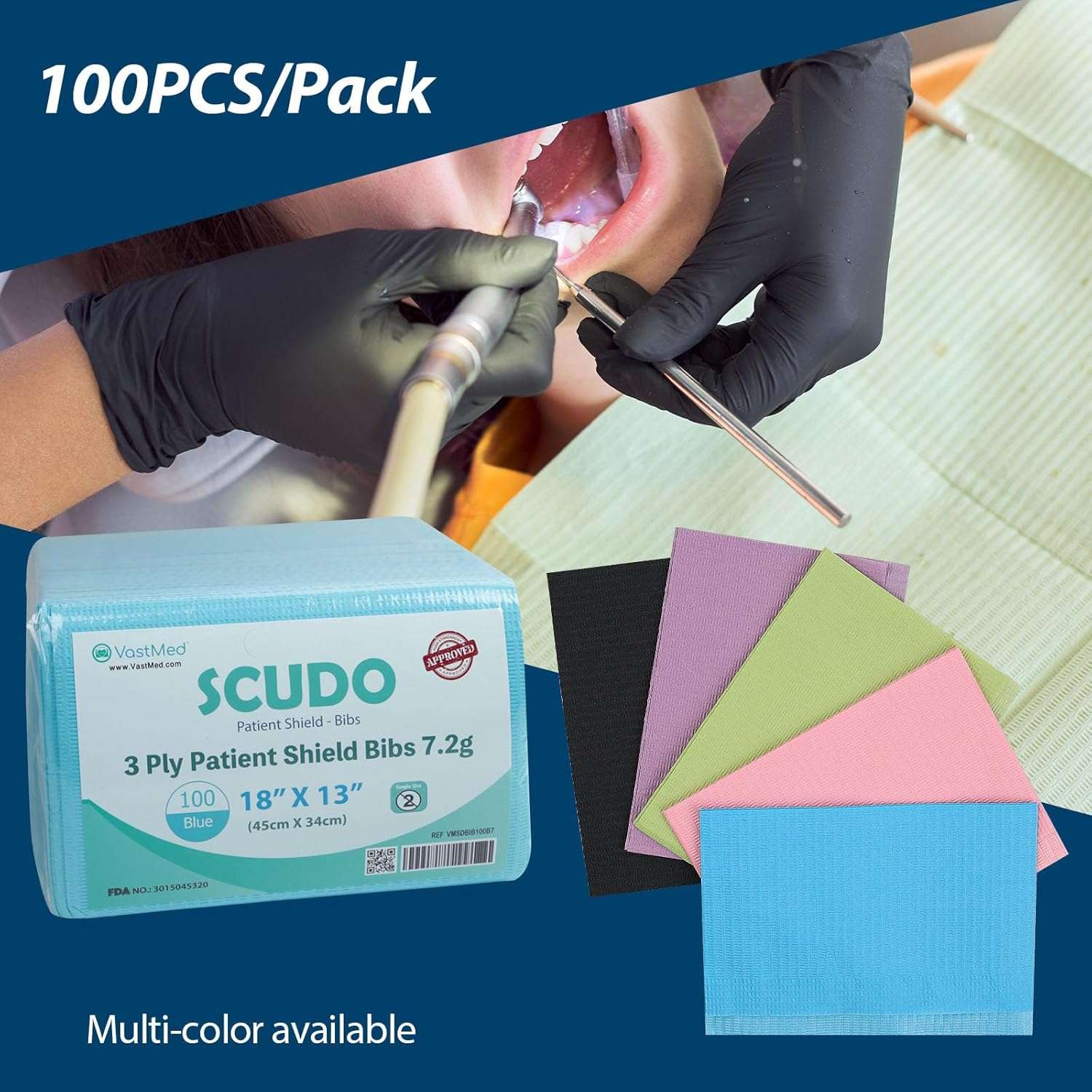 Dental Grade Scudo 7.2g 3Ply Dental Bibs by VASTMED | Soft & Waterproof Disposable Bib Sheet for Patients 13" x 18" | Dentist Tray Cover and Nail Table Cover Supplies - Image 6