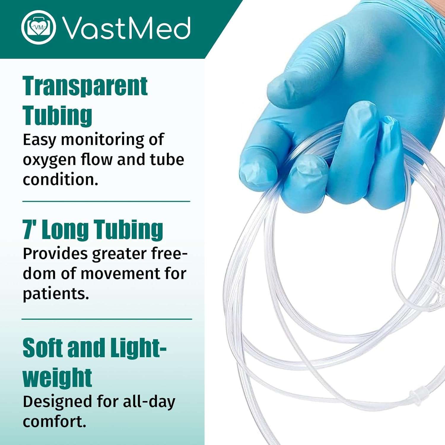 Disposable Nasal Oxygen Cannula with Curved Tip by Vastmed | 7 ft Latex-Free, PVC, Soft & Lightweight Nasal Cannula | Comfortable Fit Universal Connector for Oxygen Tanks & Concentrators - Image 6