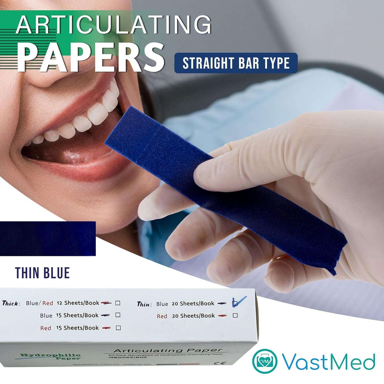 Dental Articulating Papers by Vastmed | Straight Shape Micron Bite Articulating Paper Doubled Side for Occlusal Adjustment - Image 2
