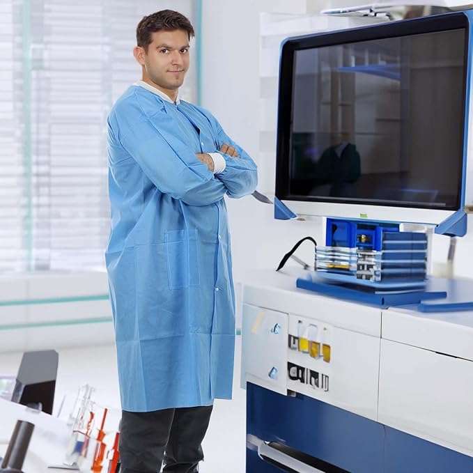 Dental Disposable Lab Coats Durable SMS 45g Soft Knit Cuffs & Collar With 3 Pockets by VASTMED | Knee Length Medical Lab Coat for Hospitals Labs Clinics - Image 2