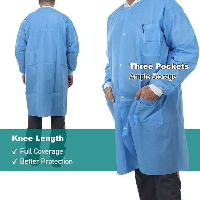 Dental Disposable Lab Coats Durable SMS 45g Soft Knit Cuffs & Collar With 3 Pockets by VASTMED | Knee Length Medical Lab Coat for Hospitals Labs Clinics - Image 4