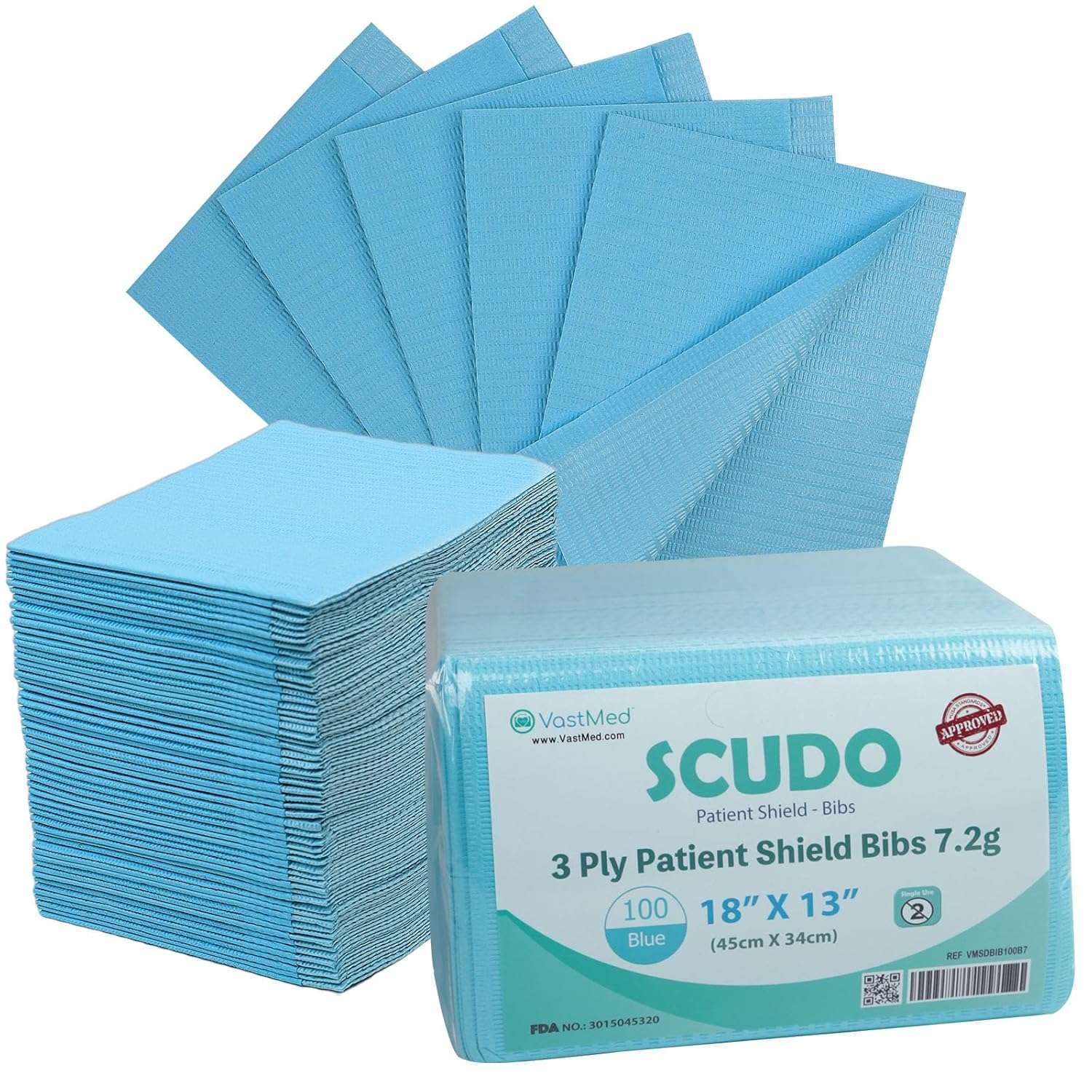 Dental Grade Scudo 7.2g 3Ply Dental Bibs by VASTMED | Soft & Waterproof Disposable Bib Sheet for Patients 13" x 18" | Dentist Tray Cover and Nail Table Cover Supplies