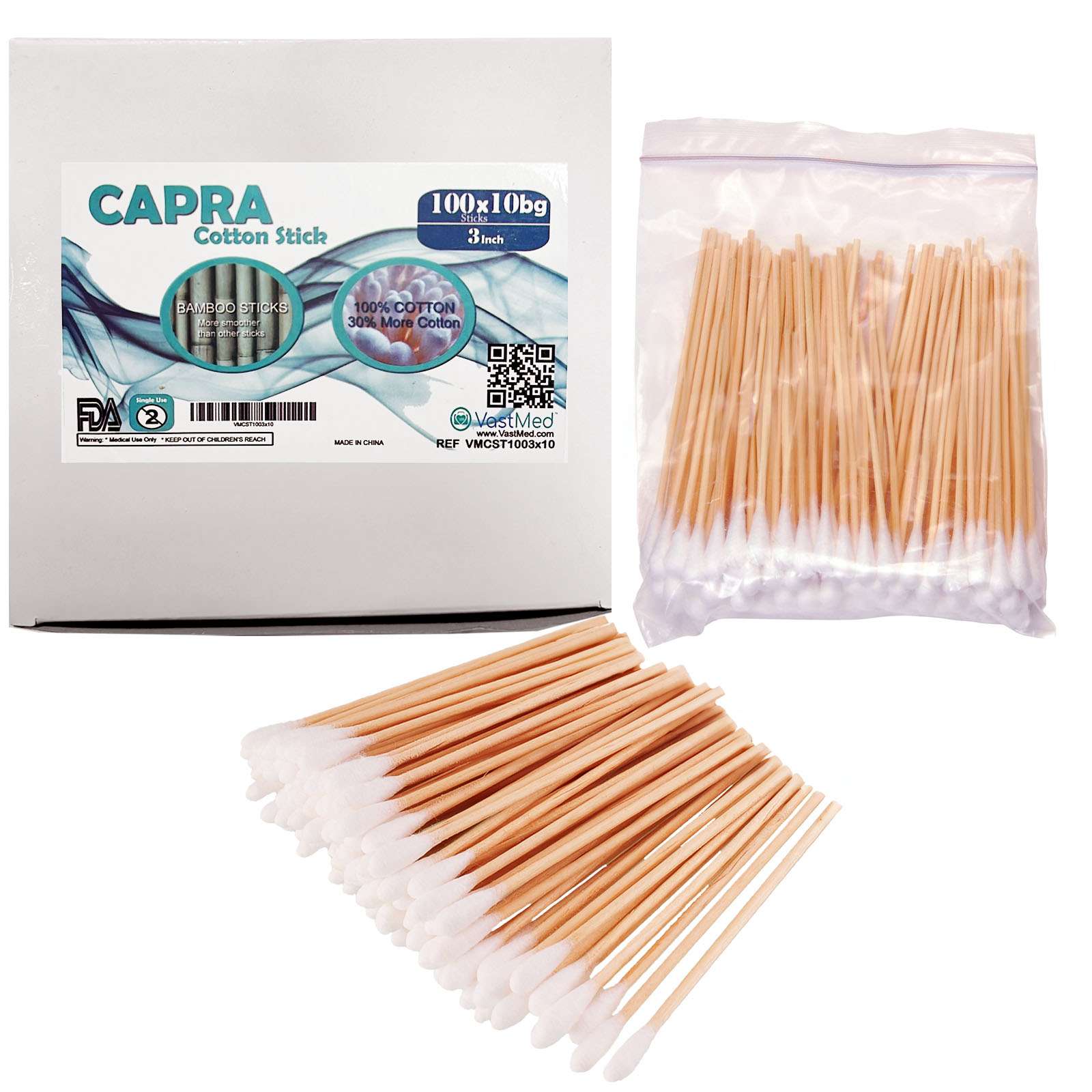 Cotton Tipped Applicators 3 Inch by Vastmed | Long Medical Cotton Swab with Wooden Sticks | Disposable Non Sterile Cotton Swabs for Multiple Uses