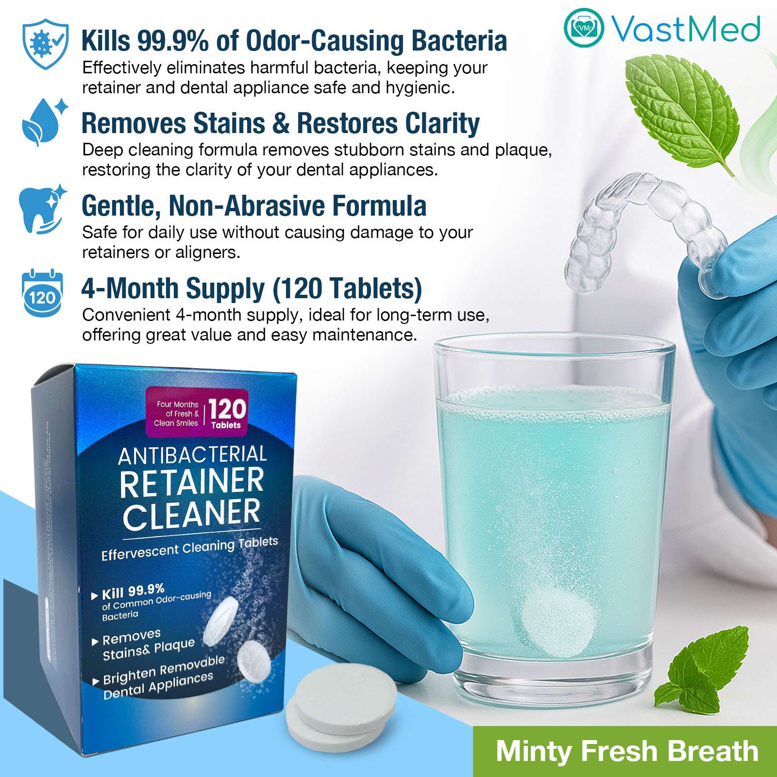 Retainer Cleanser Tablets by Vastmed | 4 Months Supply (120 pcs) Dental Retainers for Aligner - Mouth & Night Guards - False Teeth Whitening - Image 3