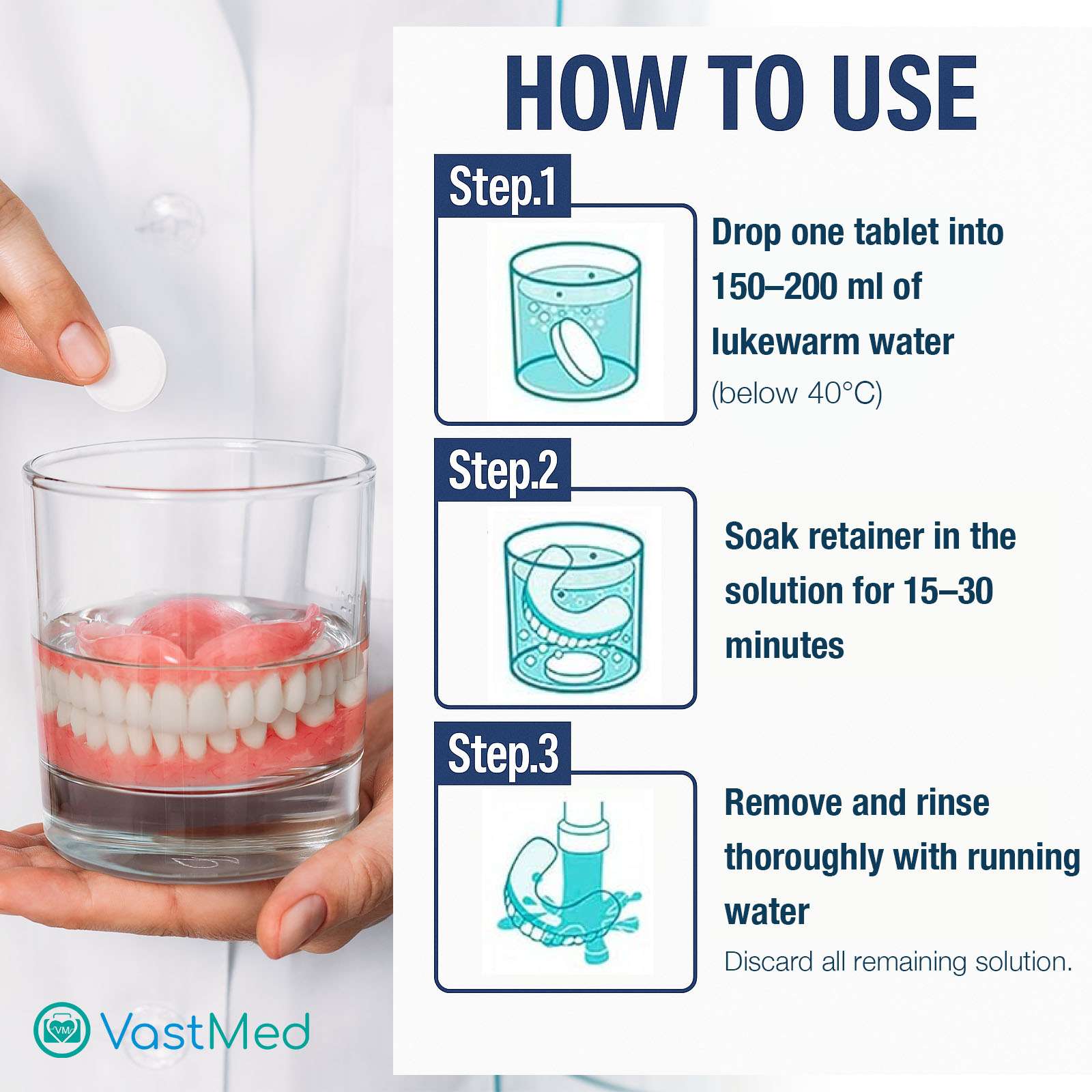 Retainer Cleanser Tablets by Vastmed | 4 Months Supply (120 pcs) Dental Retainers for Aligner - Mouth & Night Guards - False Teeth Whitening - Image 5