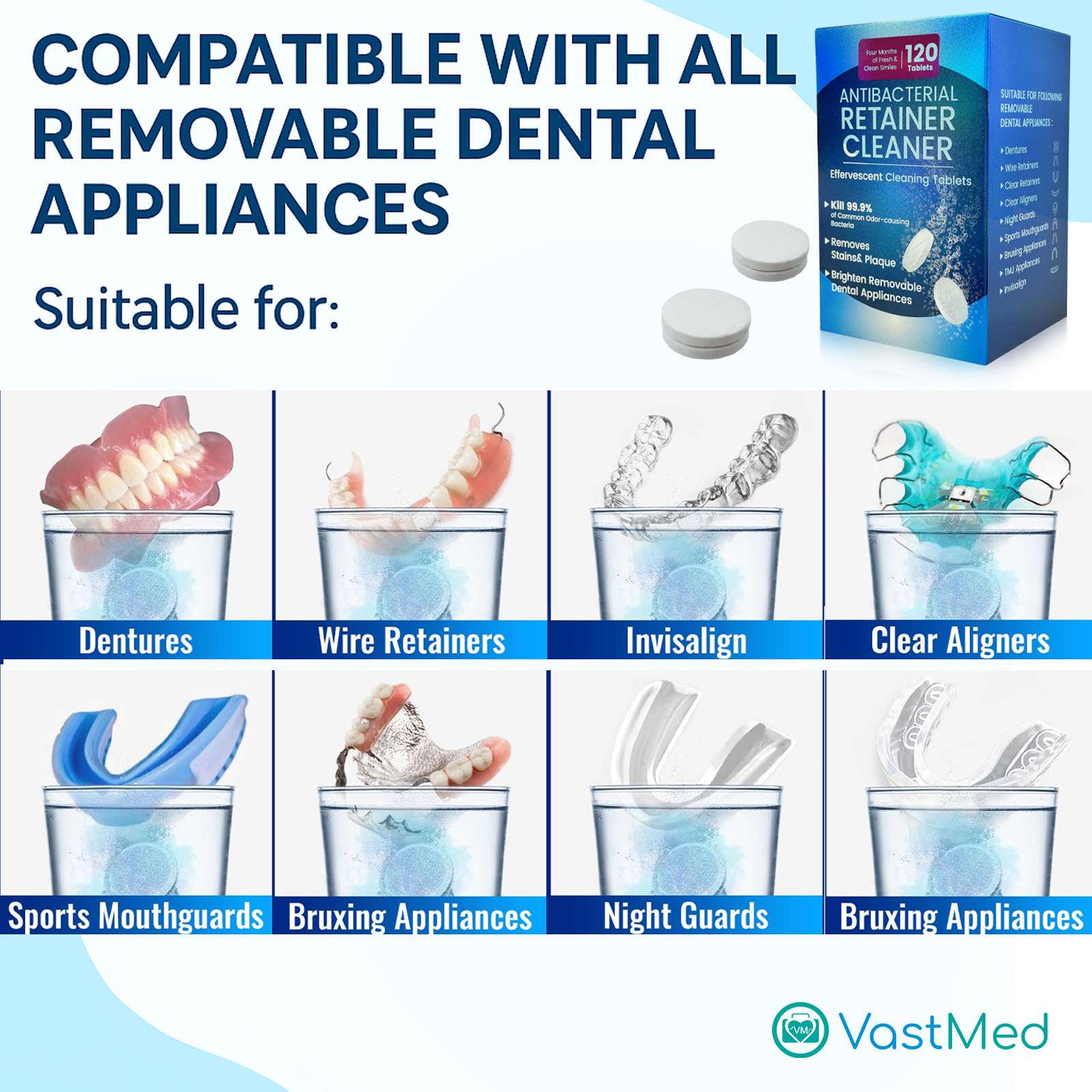 Retainer Cleanser Tablets by Vastmed | 4 Months Supply (120 pcs) Dental Retainers for Aligner - Mouth & Night Guards - False Teeth Whitening - Image 7