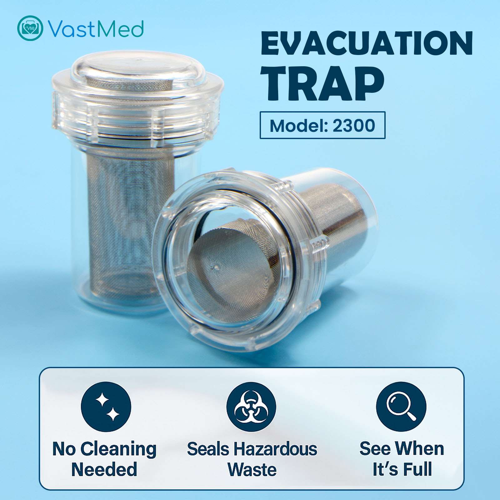 Dental Evacuation Suction Trap #2300 by Vastmed | Disposable Clear Canister with Lid Gasket & Stainless Steel Mesh Filter | Fits Most Dental Vacuum Pump Systems - Image 2
