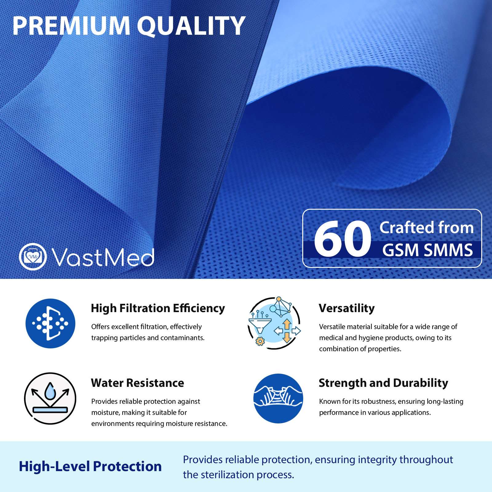 Product image Autoclave CSR Sterilization Wrap by Vastmed | SMMS Non Woven Sterilization with Steam & EO 60g Blue Non Sterile Pads Cellulose Paper Autoclave Wraps - Image 3