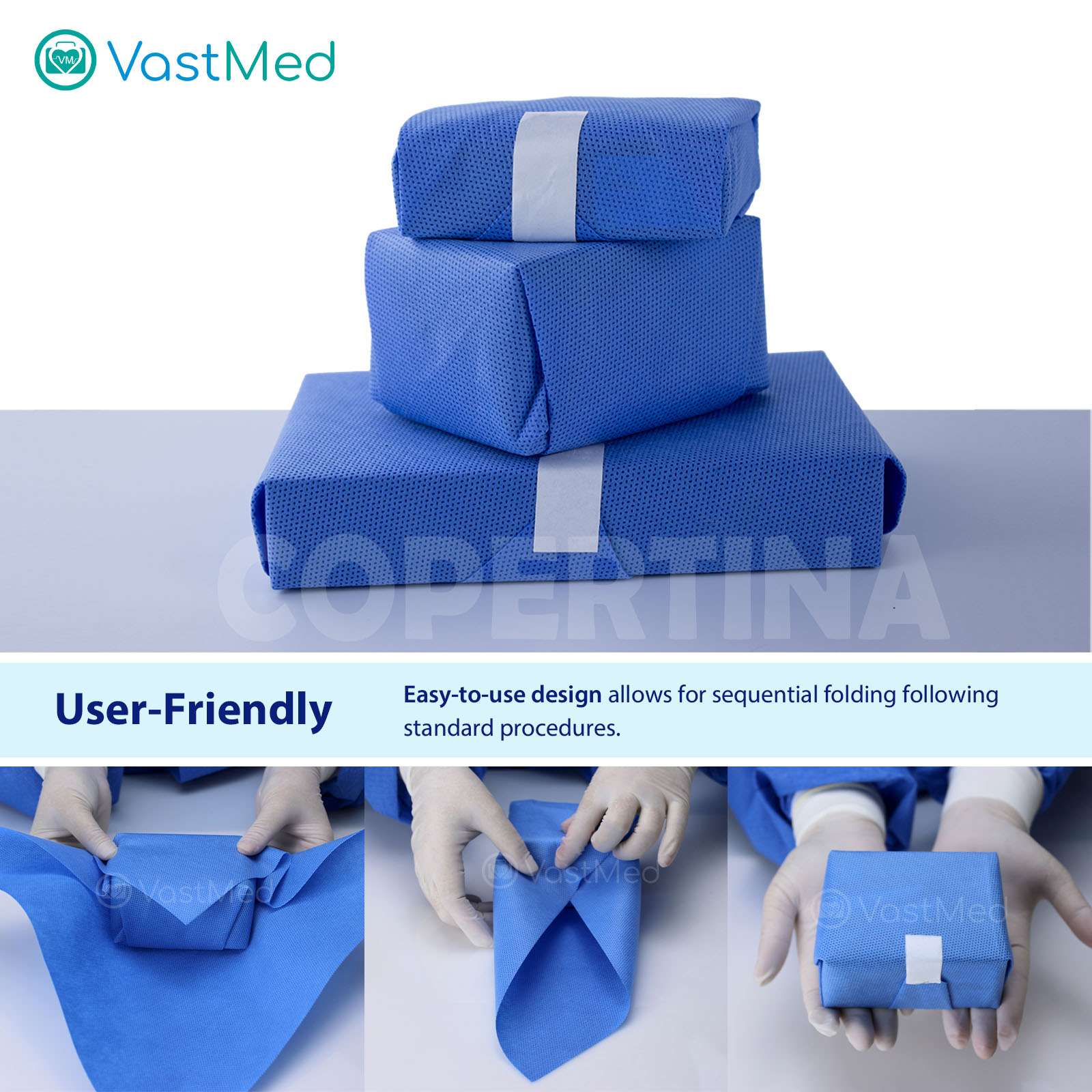 Product image Autoclave CSR Sterilization Wrap by Vastmed | SMMS Non Woven Sterilization with Steam & EO 60g Blue Non Sterile Pads Cellulose Paper Autoclave Wraps - Image 5