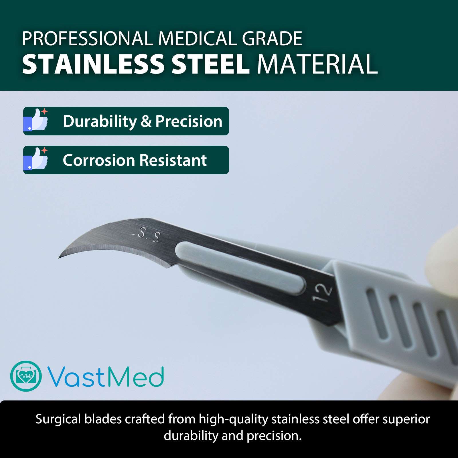 Surgical Blades with Handle by Vastmed | Stainless Steel Sterile Scalpel Blades Individually Wrapped - Image 2